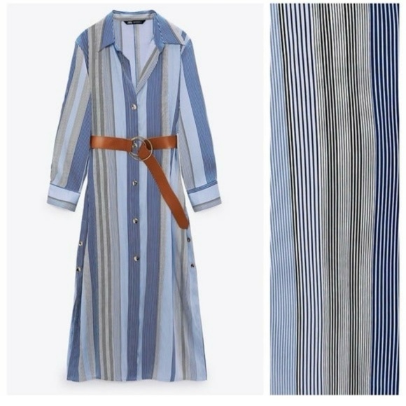Zara Blue Stripe Satin Effect Midi Shirt Dress w Button Side Slits - Picture 1 of 13